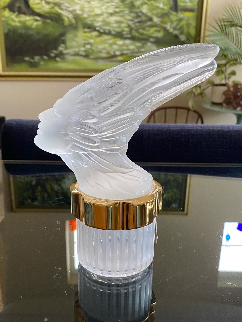 Vtg Lalique Crystal Pour Homme Flacon Phénix Perfume Bottle Glass Base Gold 7”